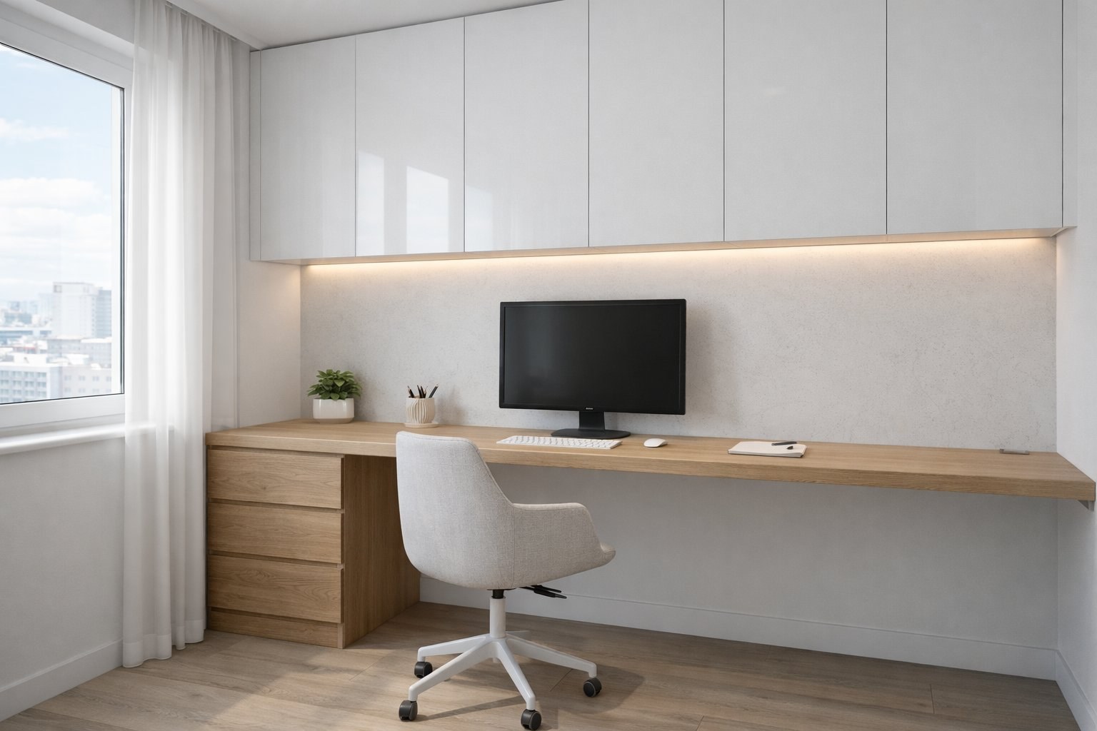 Birou la comandă cu dulapuri suspendate alb și oak — Mobel Har Arad