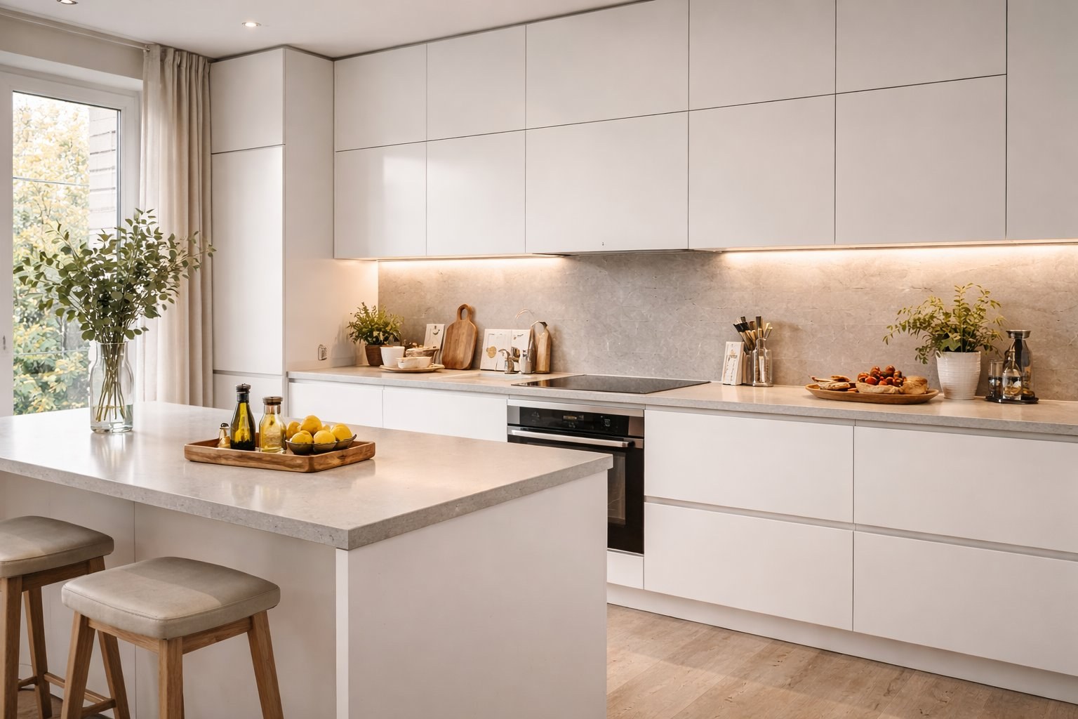 Bucătărie la comandă albă cu blat quartz și insulă — Mobel Har Arad