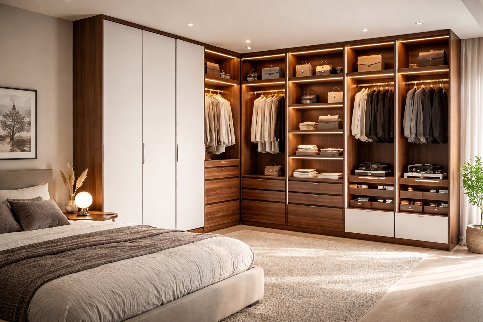 Dormitor cu dulap walnut și alb la comandă — Mobel Har Arad