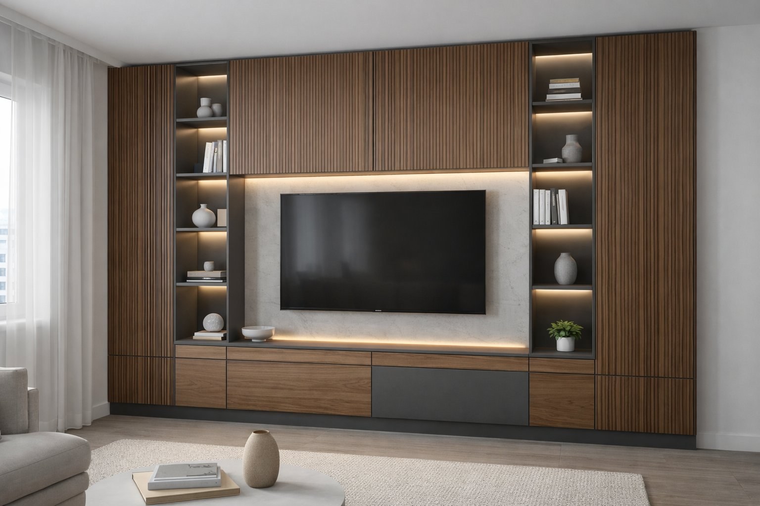 Perete TV la comandă cu riflaje walnut și LED — Mobel Har Arad